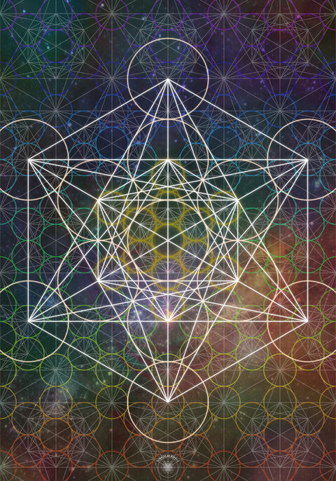 The Ceremony Mat — Metatron's Cube in fractal sacred geometry over a cosmic starfield
