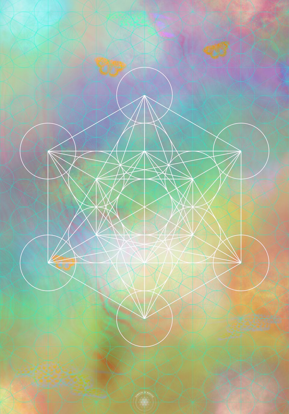 Heaven on Earth print — Metatron's Cube over a soft iridescent dawn