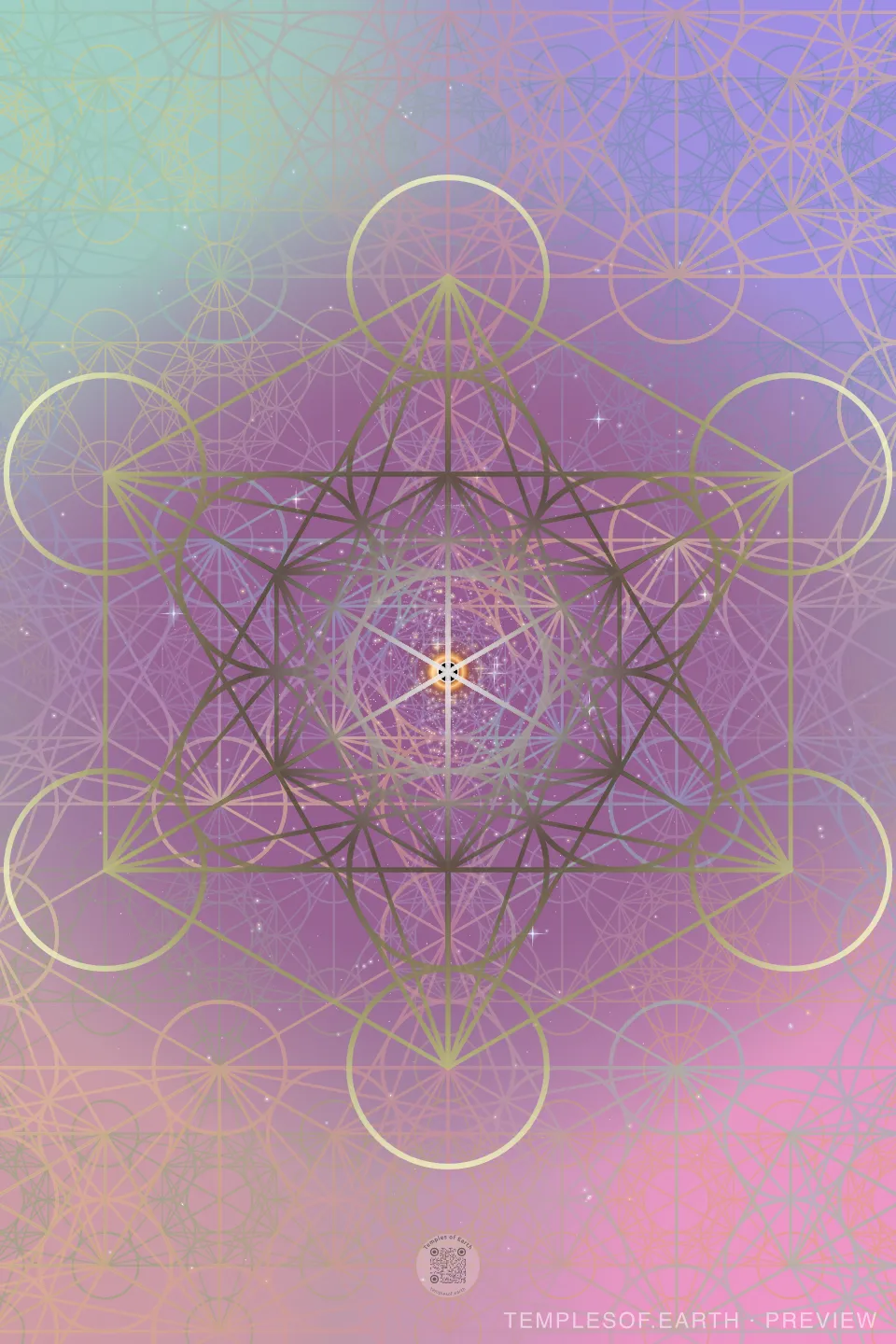 The Cosmos design: Metatron's Cube over a soft mauve and seafoam nebula