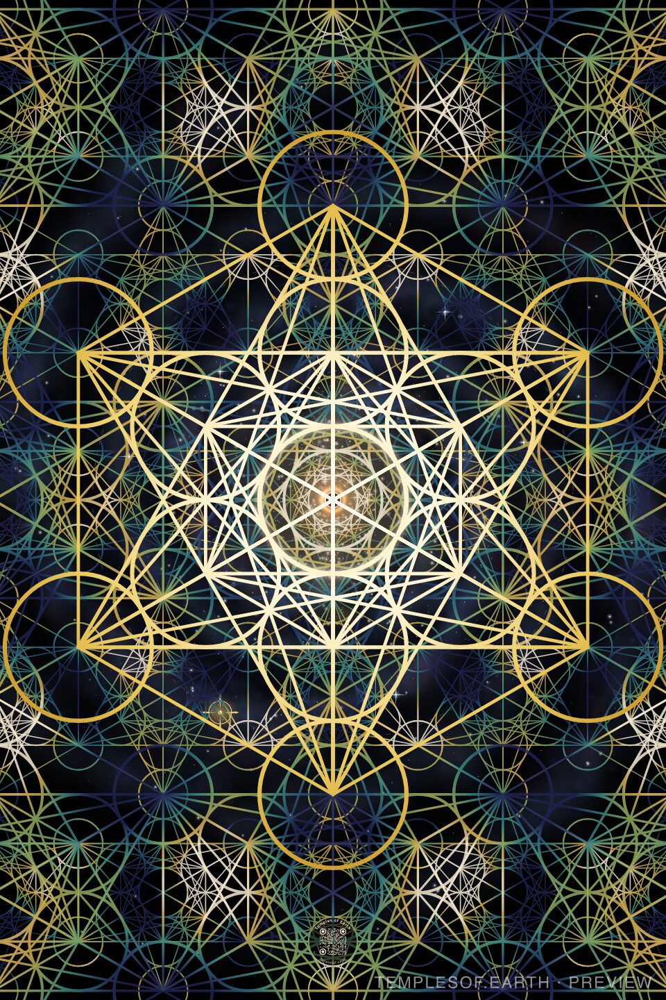 Metatron's Slice print: a gold Metatron's Cube over an indigo night